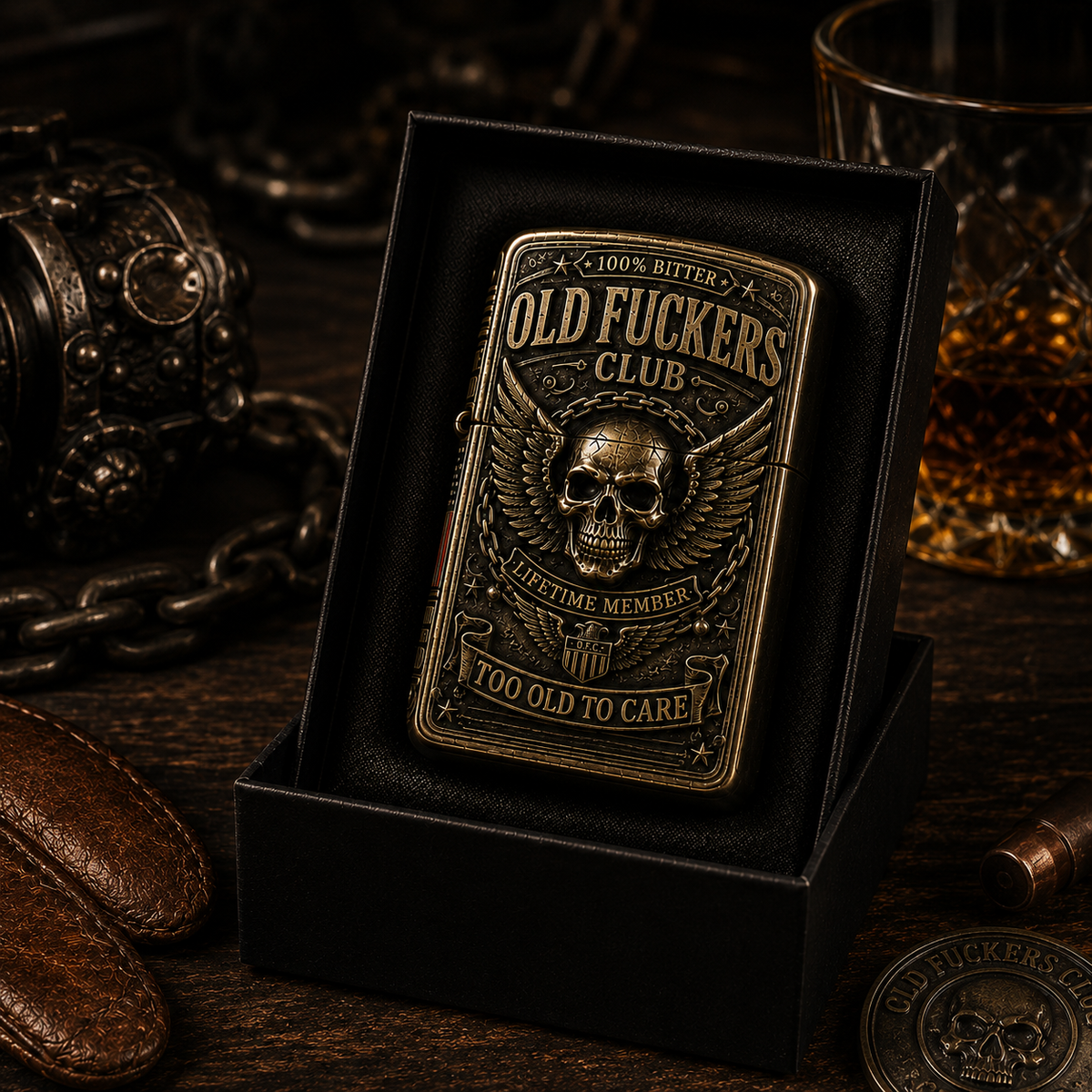 ☠️ Old Fuckers Club – Vintage-Feuerzeug | Limitierte Edition 2026 · Metallfeuerzeug für Sammler