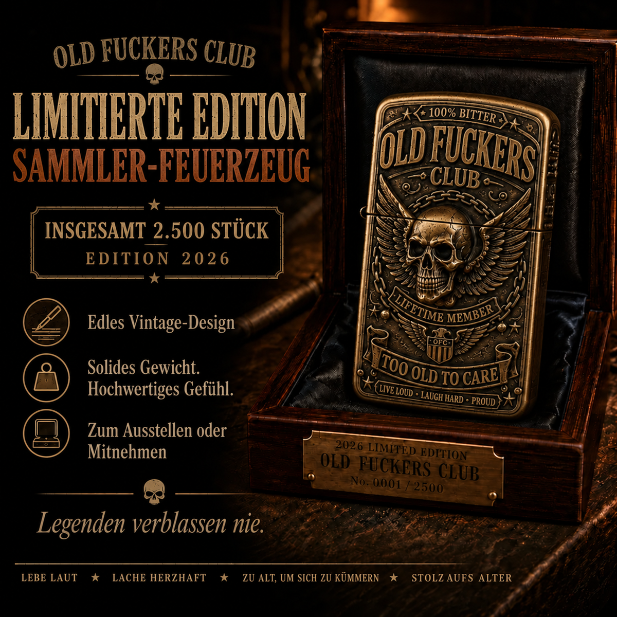 ☠️ Old Fuckers Club – Vintage-Feuerzeug | Limitierte Edition 2026 · Metallfeuerzeug für Sammler