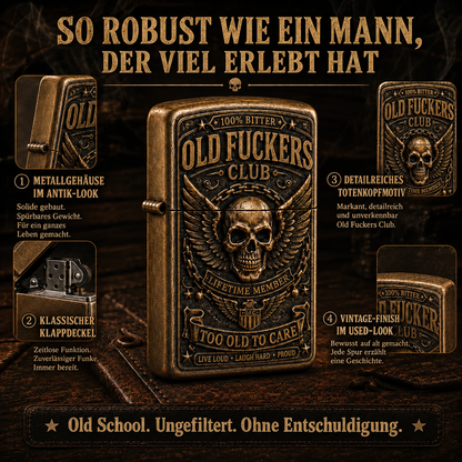 ☠️ Old Fuckers Club – Vintage-Feuerzeug | Limitierte Edition 2026 · Metallfeuerzeug für Sammler